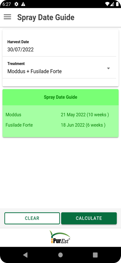 PurEst® - PurEst app interface showing the spray date guide for sugarcane treatments