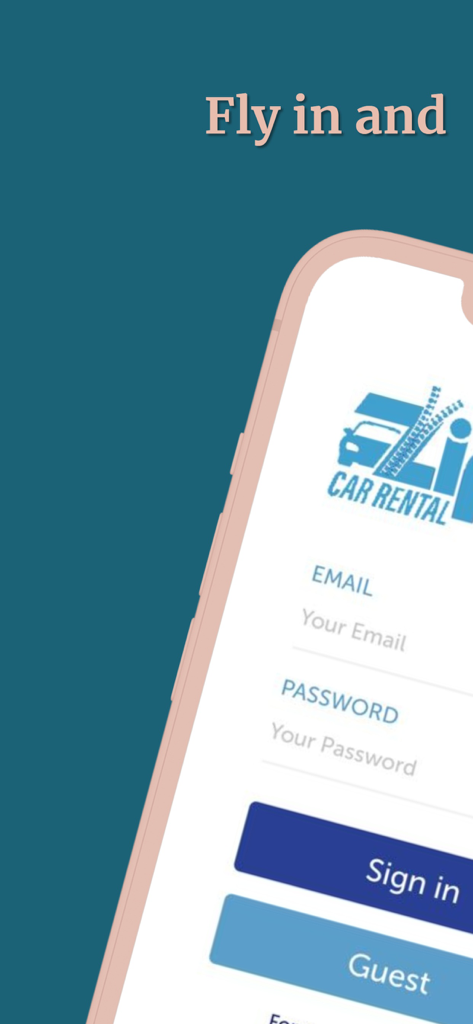 Zippy App - Zippy Car Rental mobile app login screen featuring email and password fields with sign in and guest options.