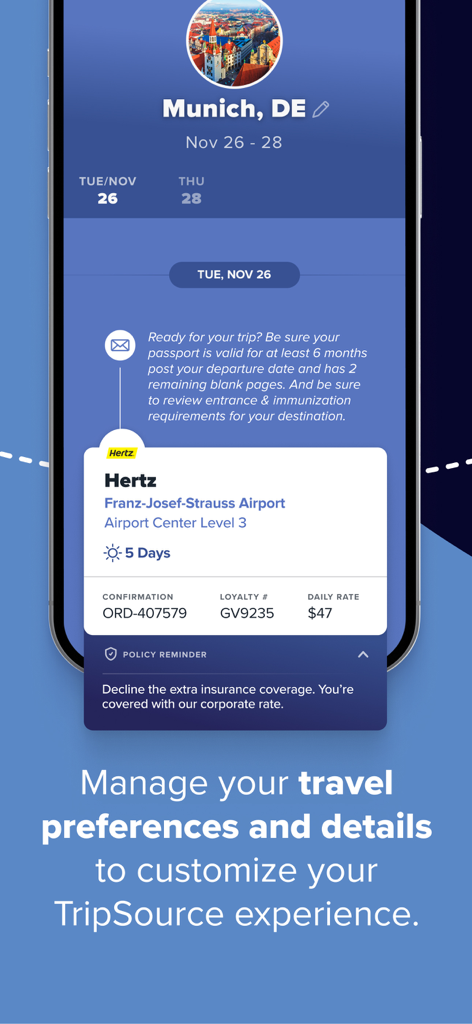 TripSource app itinerary for Munich showing car rental details and corporate travel policy notes