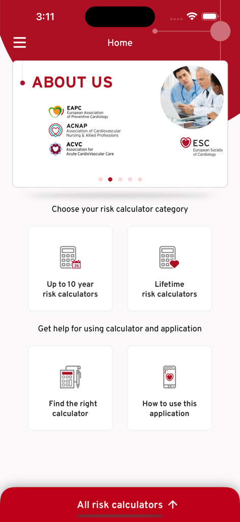 Pantalla de inicio de la aplicación ESC CVD Risk Calculation que muestra varias categorías de calculadoras de riesgo cardiovascular.
