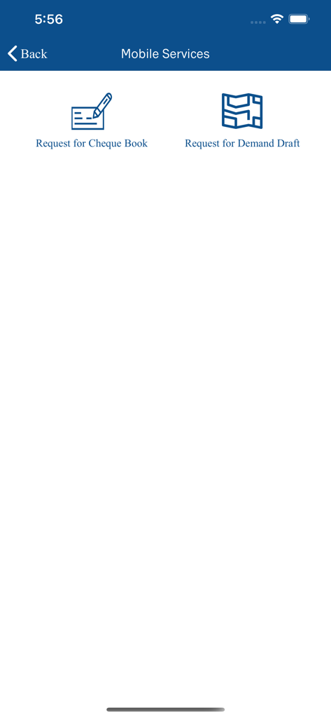 NBK International Mobile - Tela de solicitação de serviços do aplicativo NBK International Mobile mostrando opções para solicitar um talão de cheques ou uma ordem de pagamento