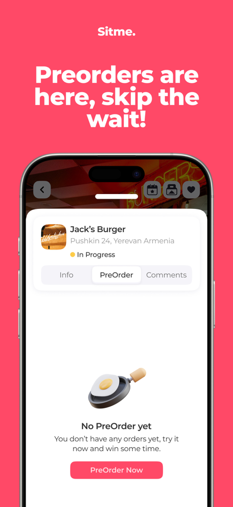 Sitme. - Mobile interface of the Sitme app showing a restaurant preorder screen with a skip the wait message