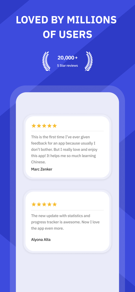 Talkpal - AI Language Learning - Pantalla de la aplicación Talkpal que muestra más de 20000 reseñas de cinco estrellas y testimonios positivos de usuarios