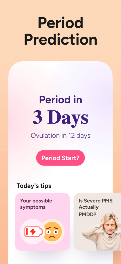 Period Tracker Period Calendar - Periodenvorhersage-Dashboard, das einen 3-Tage-Countdown zur nächsten Periode und Gesundheitstipps anzeigt.
