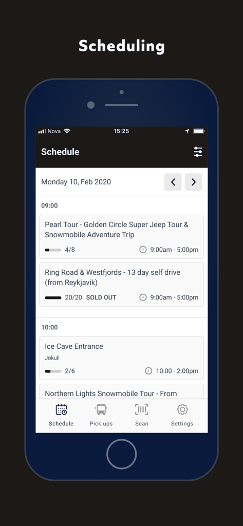 Bokun - Bokun app interface displaying a daily tour schedule with booking counts and availability for activity providers.