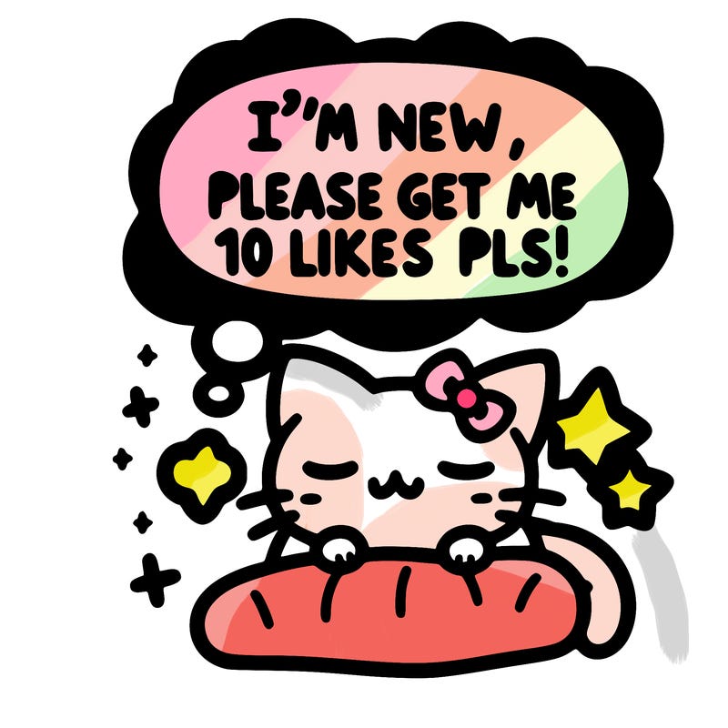 kitty taking a nap dream talking and saying "i'm new, please get me at least 10 likes pls!!"
