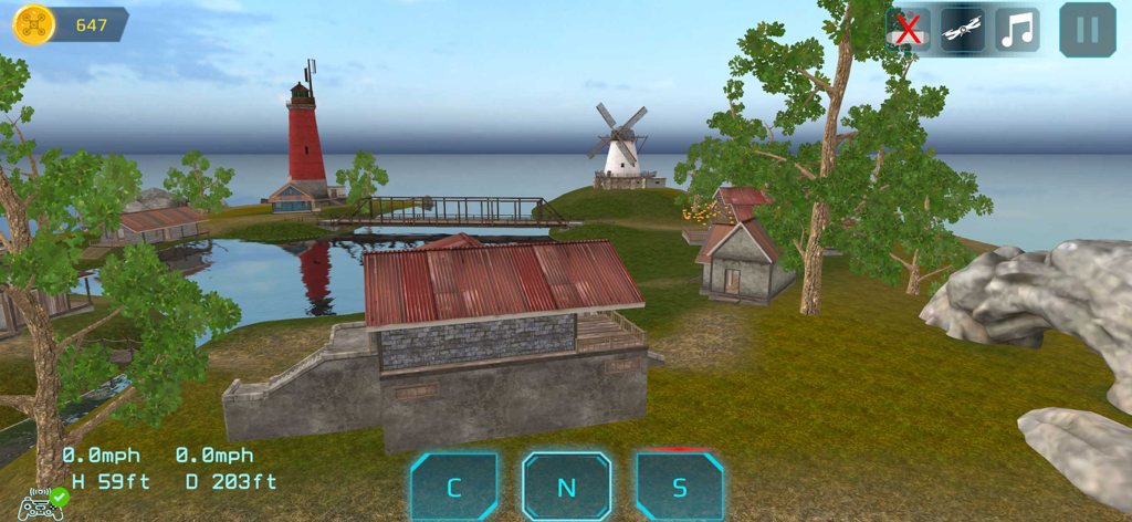 In-app view of SimuDrone flight simulator showing a coastal landscape with a lighthouse and flight telemetry.