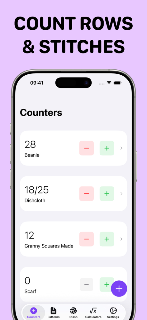 Crochet Row Counter: Ares - Interfaz de la aplicación del contador de filas de crochet Ares que muestra múltiples contadores de proyectos para filas y puntos.