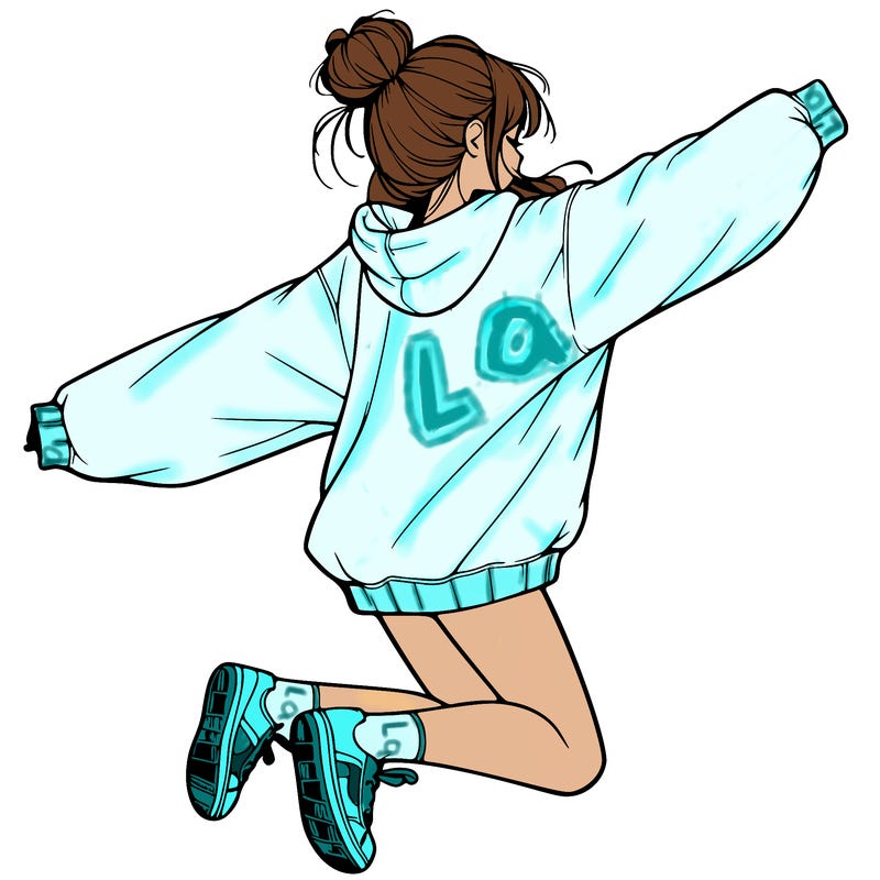 realistic girl jumping with a bun and oversized sweatshirt