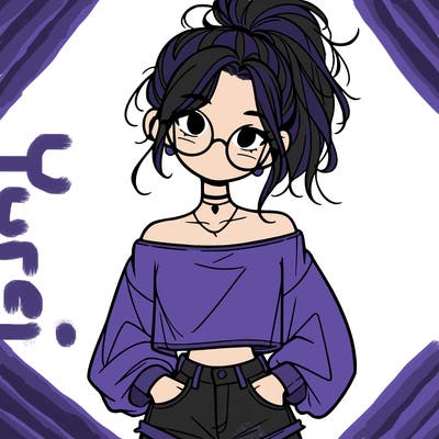 girl with a messy ponytail glasses a baggy crop top and jean shorts