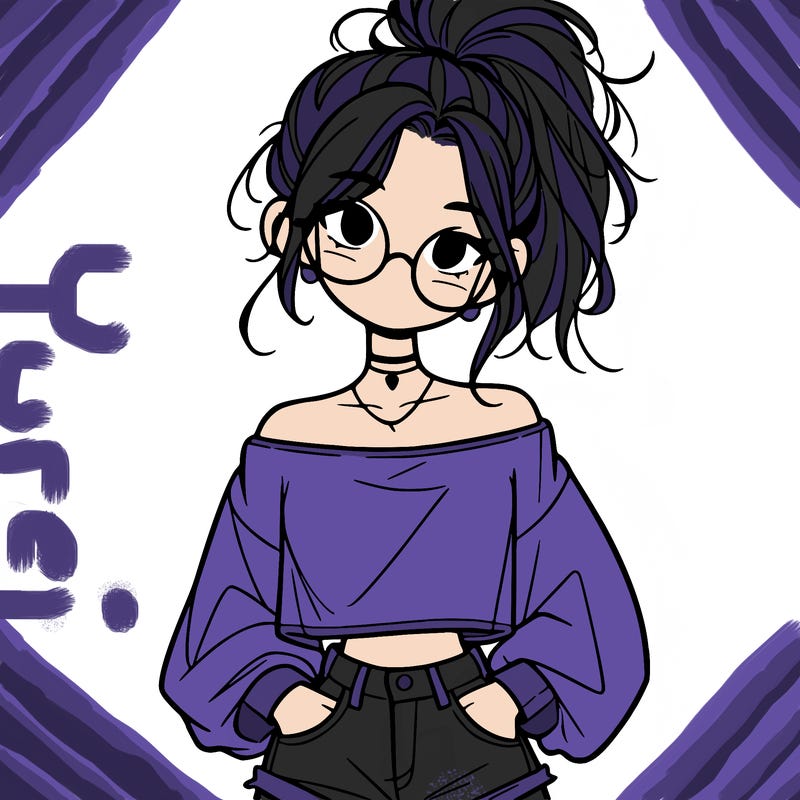 girl with a messy ponytail glasses a baggy crop top and jean shorts