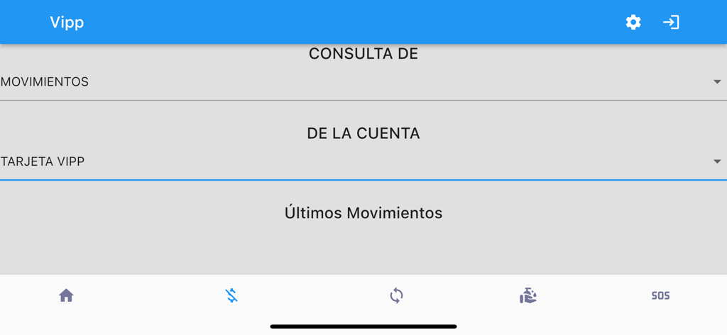 Vipp App - Interfaz de la aplicación Vipp que muestra la sección de movimientos de cuenta y las últimas transacciones