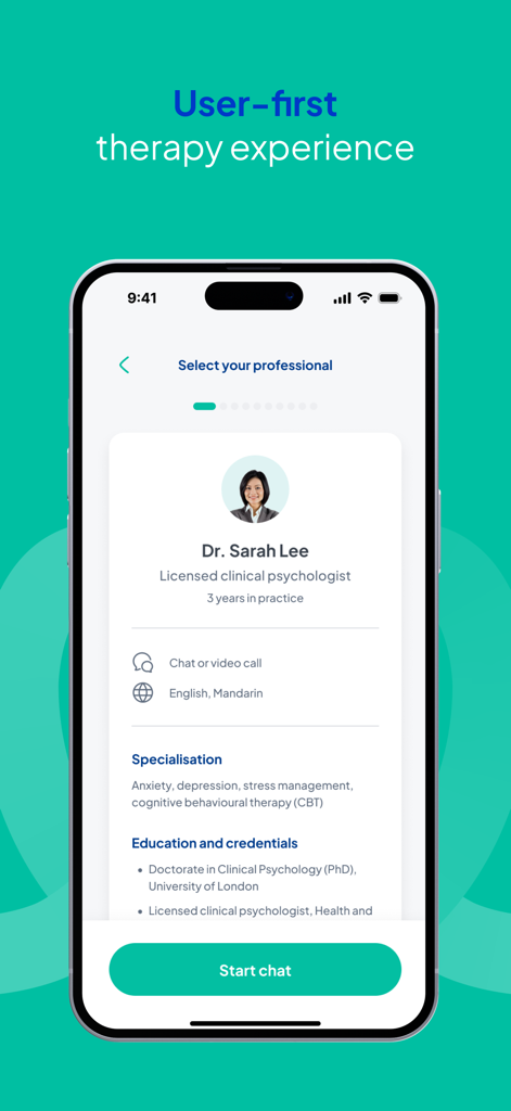 ThoughtFull: Mental Health App - A profile screen for a licensed clinical psychologist on the ThoughtFull mental health app featuring professional credentials and a start chat button.