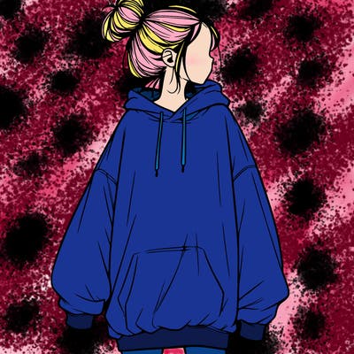 realistic girl with a oversized sweatshirt on and a bun