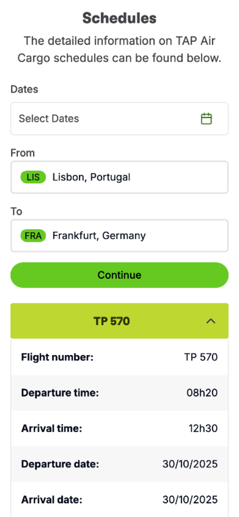 TAP Cargo - TAP Cargo app flight schedule interface showing flight details between Lisbon and Frankfurt
