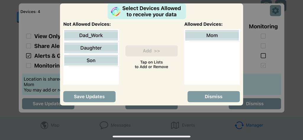 Be-Maps - Pantalla de la aplicación Be-Maps que muestra una ventana emergente para administrar los permisos de intercambio de datos para diferentes dispositivos familiares