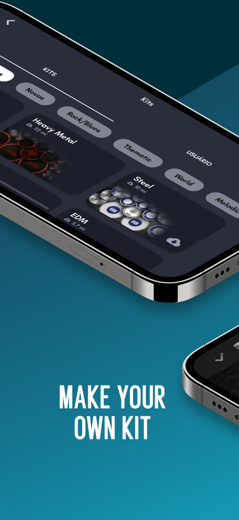 Real Drum app interface showing various drum kit styles like Heavy Metal and EDM with an option to create custom kits