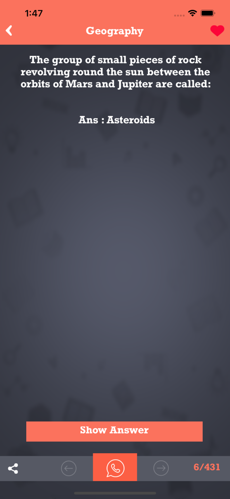 4000+ World General Knowledge - Una pregunta de trivia de geografía sobre el grupo de rocas entre Marte y Júpiter con la respuesta "asteroides" mostrada