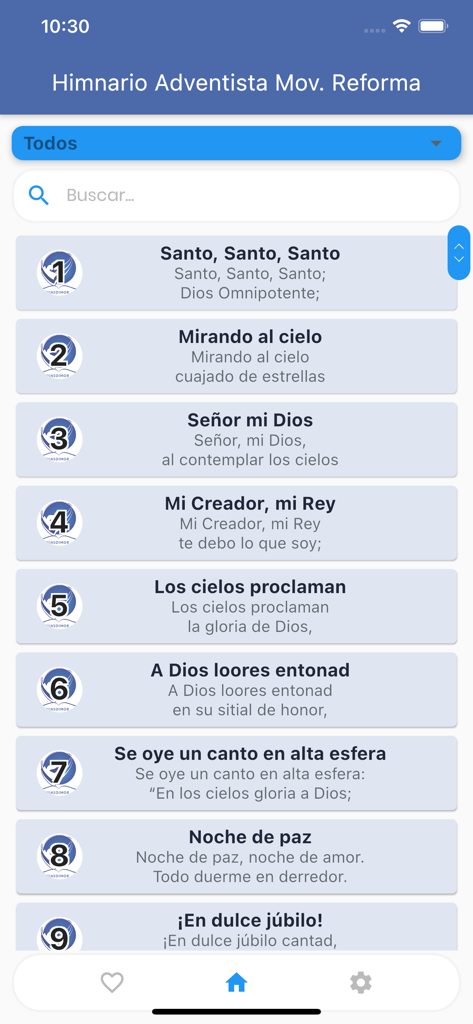 Himnario de la fe Adventista - A searchable list of Spanish religious hymns with titles and lyrics within the Himnario de la fe Adventista mobile application.