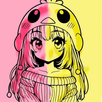 anime girl with chick shaped hat with sweater with bare shoulders with bangs covering them one eye with low tail
