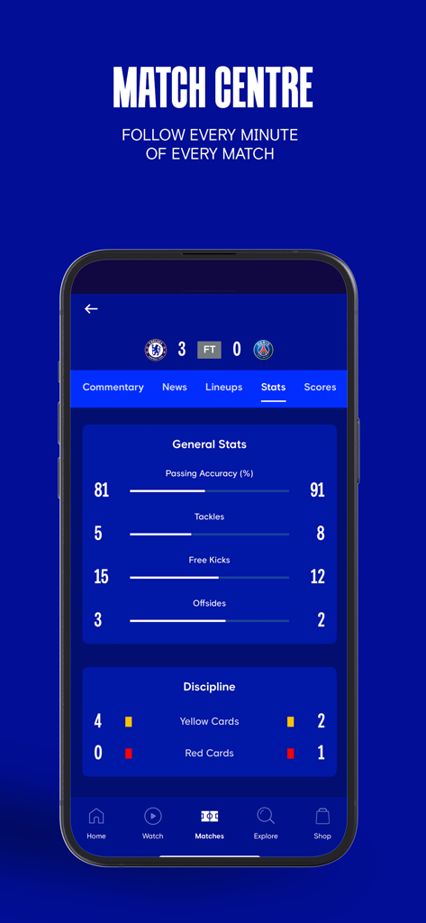 Chelsea Official App Match Centre showing detailed match statistics and team discipline