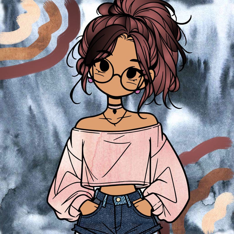 girl with a messy ponytail glasses a baggy crop top and jean shorts