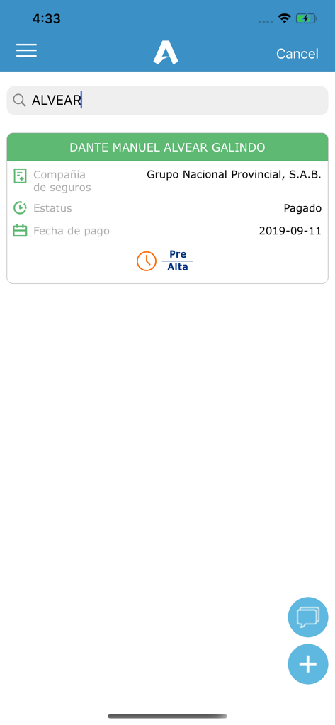 Search screen in the Aliquam app displaying a paid insurance claim record