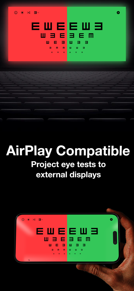 My Call Bag: Ophthalmology App - Aplicativo de oftalmologia projetando um gráfico de olho duocromático para uma tela externa via AirPlay