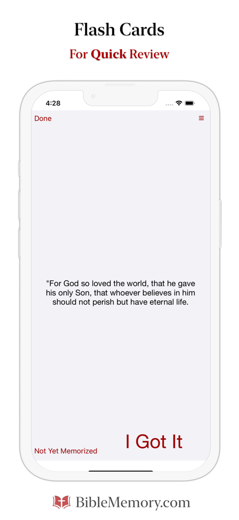 The Bible Memory App interface showing a flash card with a scripture verse for quick review