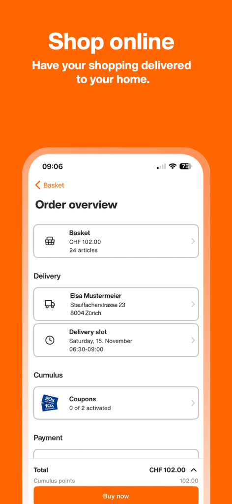 Order overview in the Migros app showing shopping basket and delivery details.