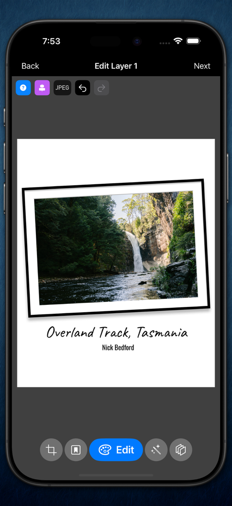 Like A Frame - A mobile app interface showing a framed landscape photograph of a waterfall with text layers for Overland Track Tasmania