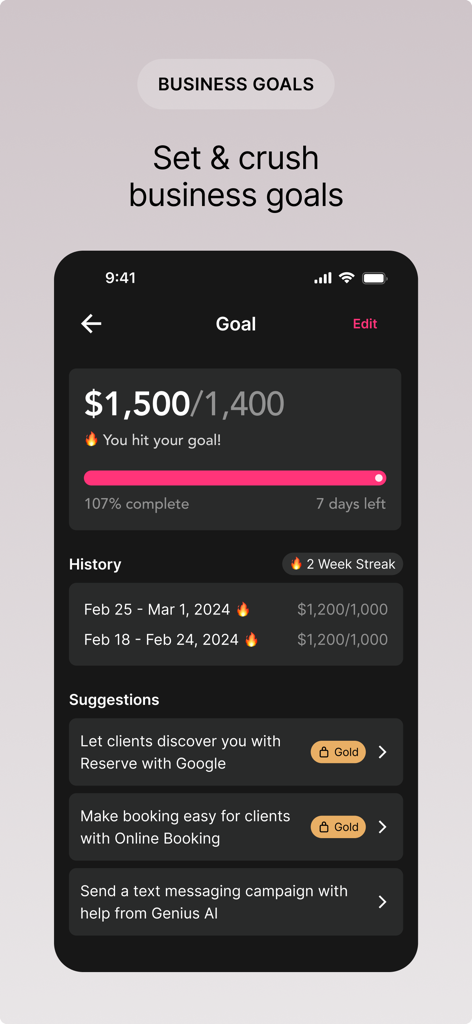 GlossGenius: Booking, Payments - 매출 진행 상황과 성장 제안이 포함된 비즈니스 목표 추적 기능의 GlossGenius 앱 화면