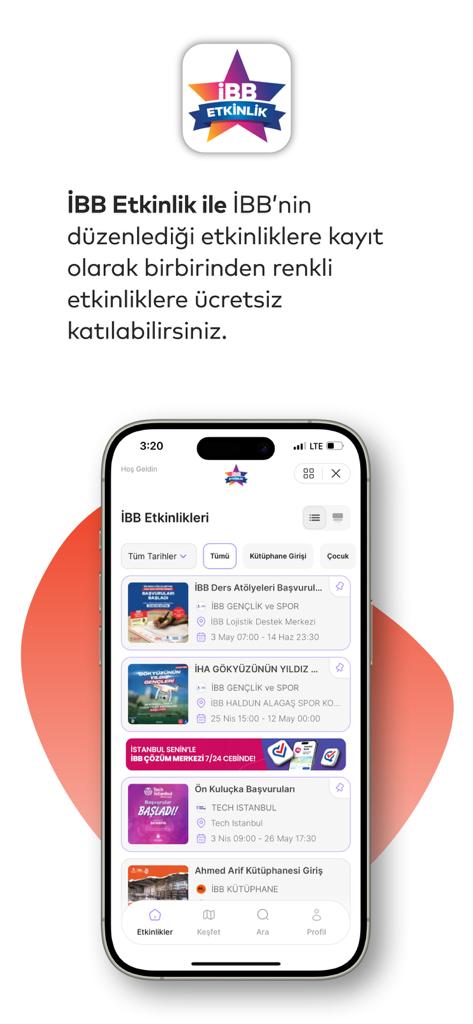 İstanbul Senin - Bildschirm, der den Veranstaltungsbereich der Istanbul Senin App mit einer Liste von Aktivitäten und Registrierungsoptionen anzeigt.
