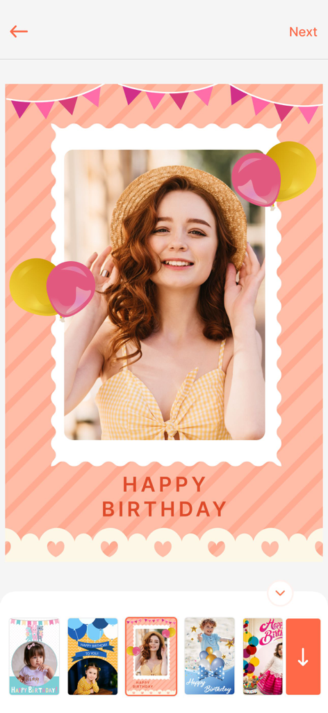 Birthday Photo Frame & Editor - Una interfaz de aplicación móvil que muestra un marco de fotos de cumpleaños personalizado con un retrato de globos y texto festivo