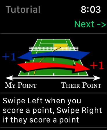 Tennis - Score Keeper - Apple Watch tutorial showing swipe gestures to track tennis scores on a digital court graphic