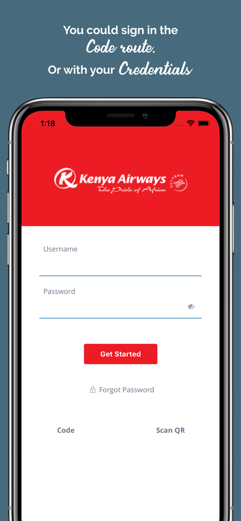 KQIlearn - Pantalla de inicio de sesión de la aplicación de formación aeronáutica KQIlearn de Kenya Airways