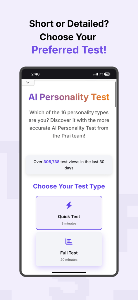 MBTI-Style Test with AI - AI Personality Test selection screen showing options for a 3 minute quick test and a 20 minute full test.