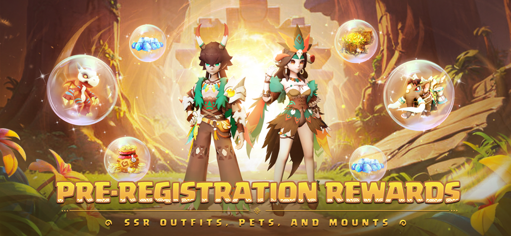 Huntopia：Fantasy RPG - A promotional banner for Huntopia Fantasy RPG showing tribal characters and pre-registration rewards like pets and mounts in floating bubbles