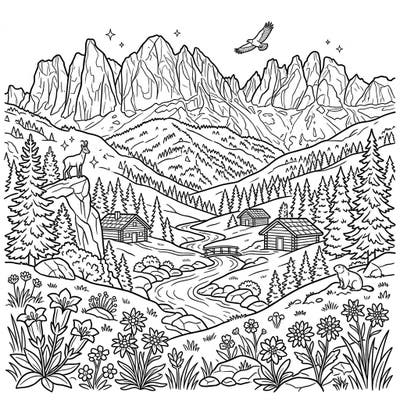 Immerse yourself in the serene beauty of the Alps with this detailed alpine valley coloring page. Bring to life towering peaks, lush forests, charming cabins, and native wildlife with your favorite colors.
