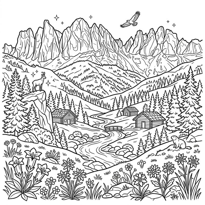 Immerse yourself in the serene beauty of the Alps with this detailed alpine valley coloring page. Bring to life towering peaks, lush forests, charming cabins, and native wildlife with your favorite colors.