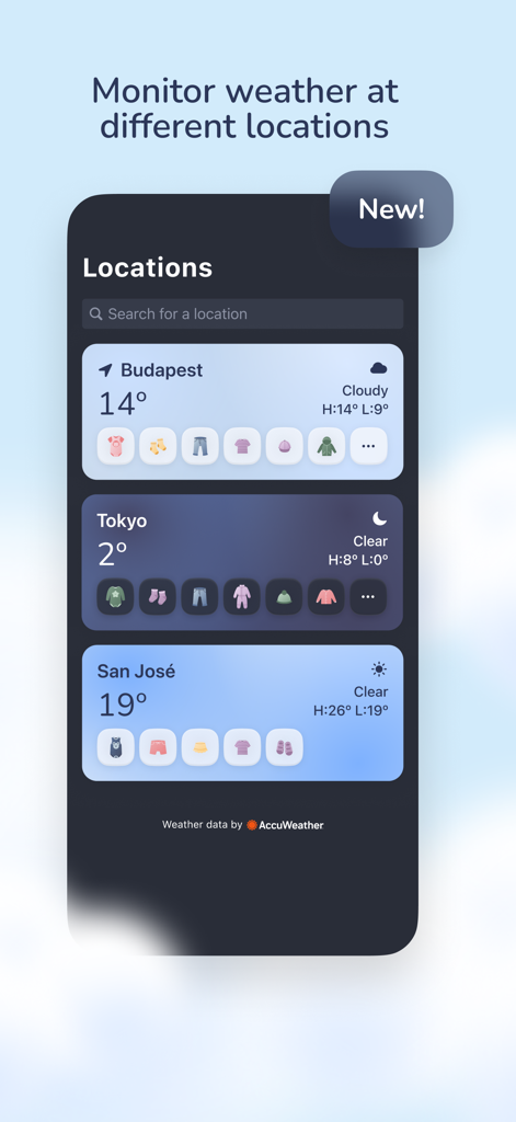 BabyWeather - Bildschirm mit Standorten der BabyWeather-App mit Wetter- und Outfitvorschlägen für Babys