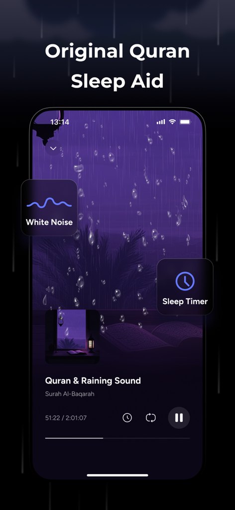 Interfaccia dell'app Hajo che mostra la funzione Original Quran Sleep Aid con suoni di pioggia e opzioni di timer per il sonno.