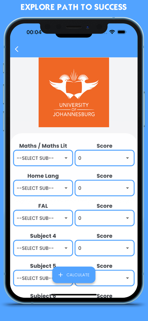 University Qualifications - Mobile screen showing an APS calculator for the University of Johannesburg