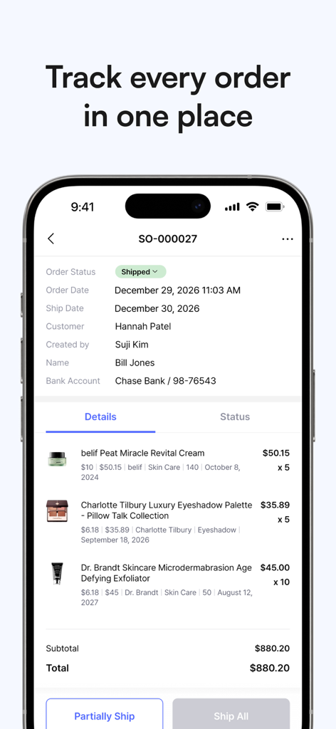 BoxHero app screenshot showing a detailed sales order with item lists and shipping status.