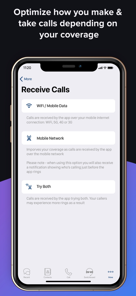 Another Number app screen showing options to receive calls through WiFi or mobile network