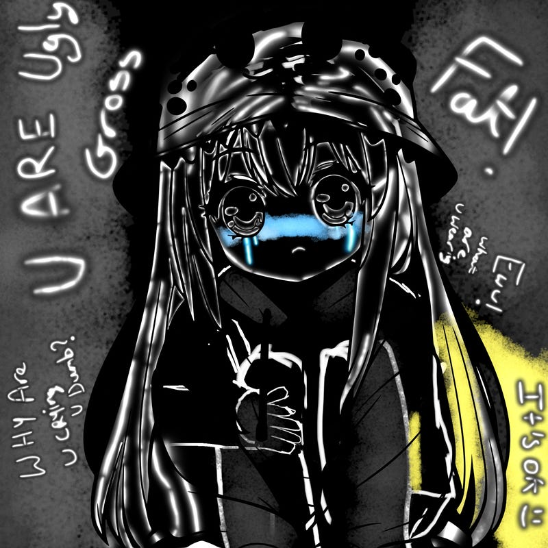 girl with anime shaped eyes with a dinosaur bucket hat oversized sweatshirt long straight hair