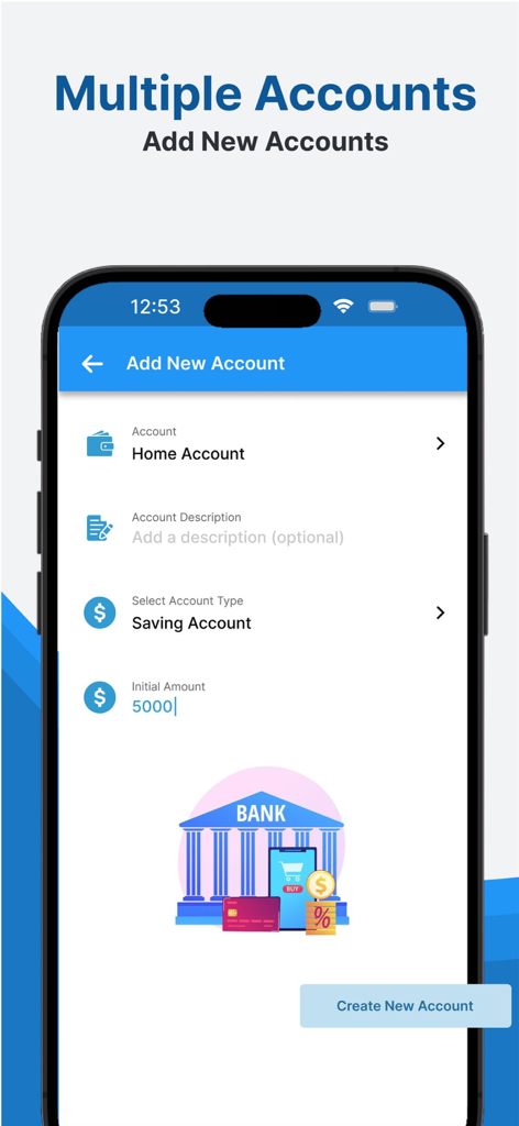 Money: Budget Expense Tracker - Interfaz de la aplicación Money Budget Expense Tracker mostrando la pantalla Añadir Nueva Cuenta con opciones para Cuenta de Hogar y Cuenta de Ahorro