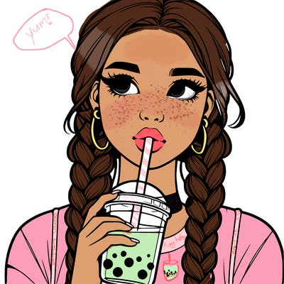 realistic girl with braided hair drinking boba