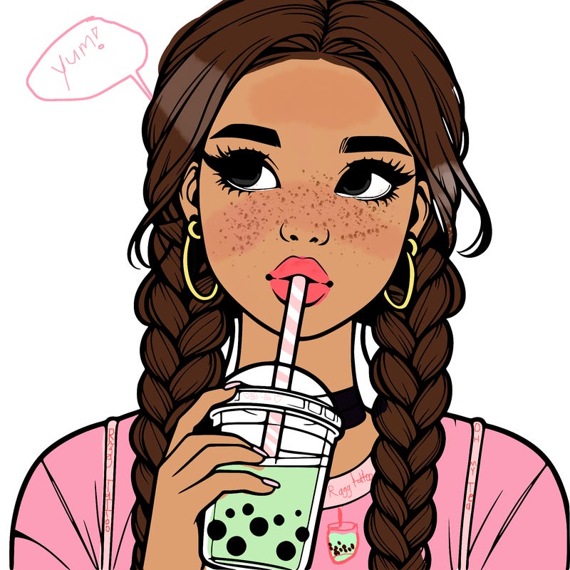 realistic girl with braided hair drinking boba