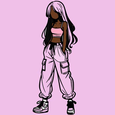 girl in baggy pants crop top and long hair